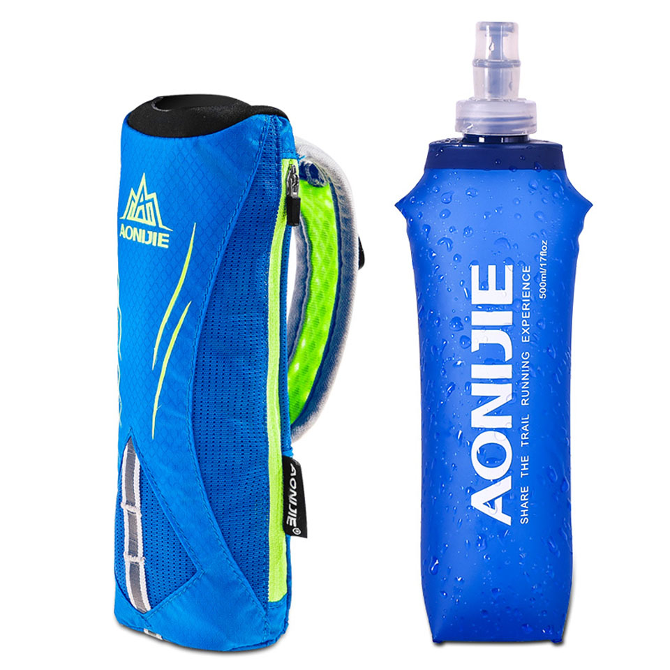 Aonijie waterpoof håndholdt sport flaske kedel pakke opbevaringstaske udendørs maraton løbende telefon taske til 500ml blødt vand kolbe: Blå med flaske