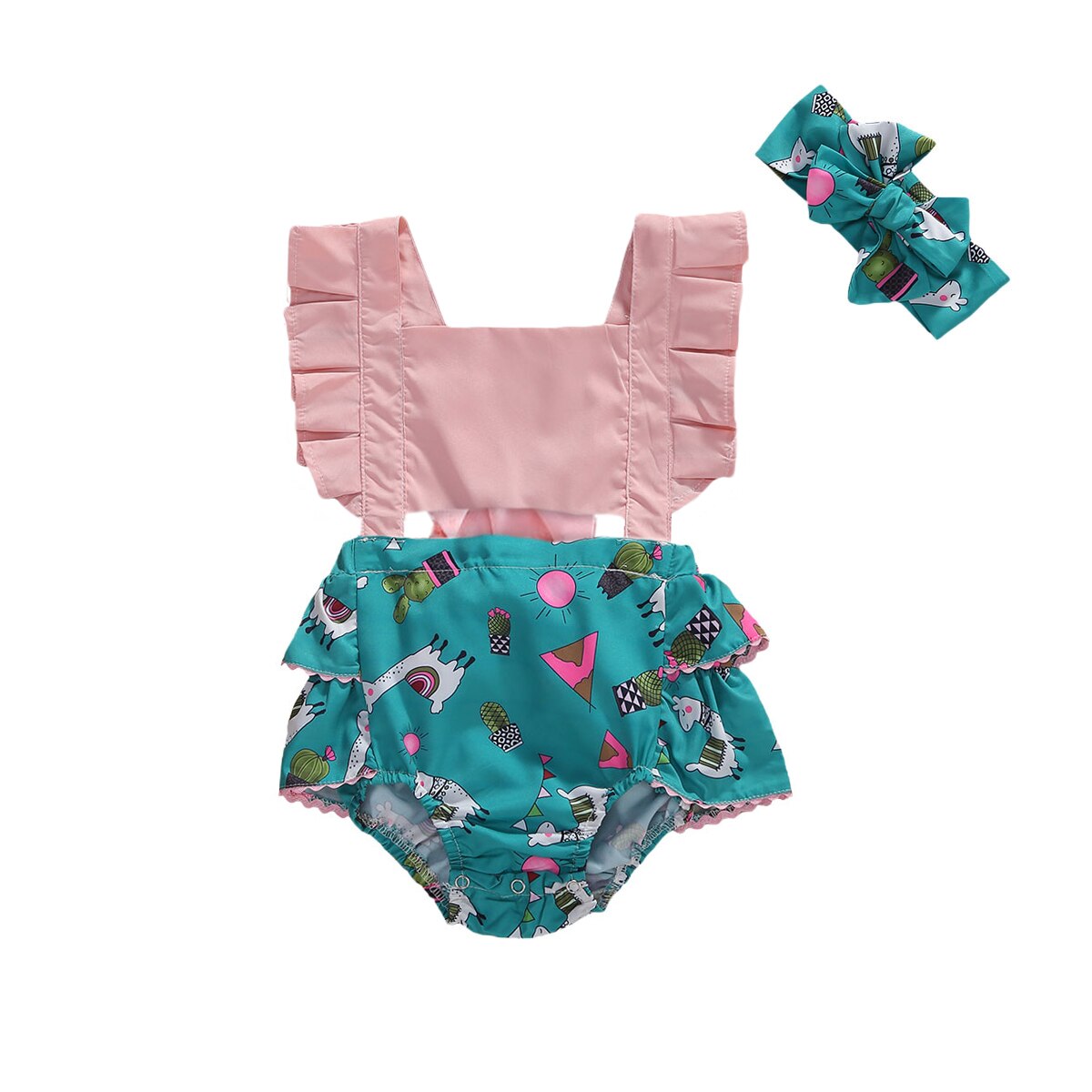 Verão infantil bebê meninas bodysuits bandana flores impressão babados manga curta macacões outfits: green / 24 m