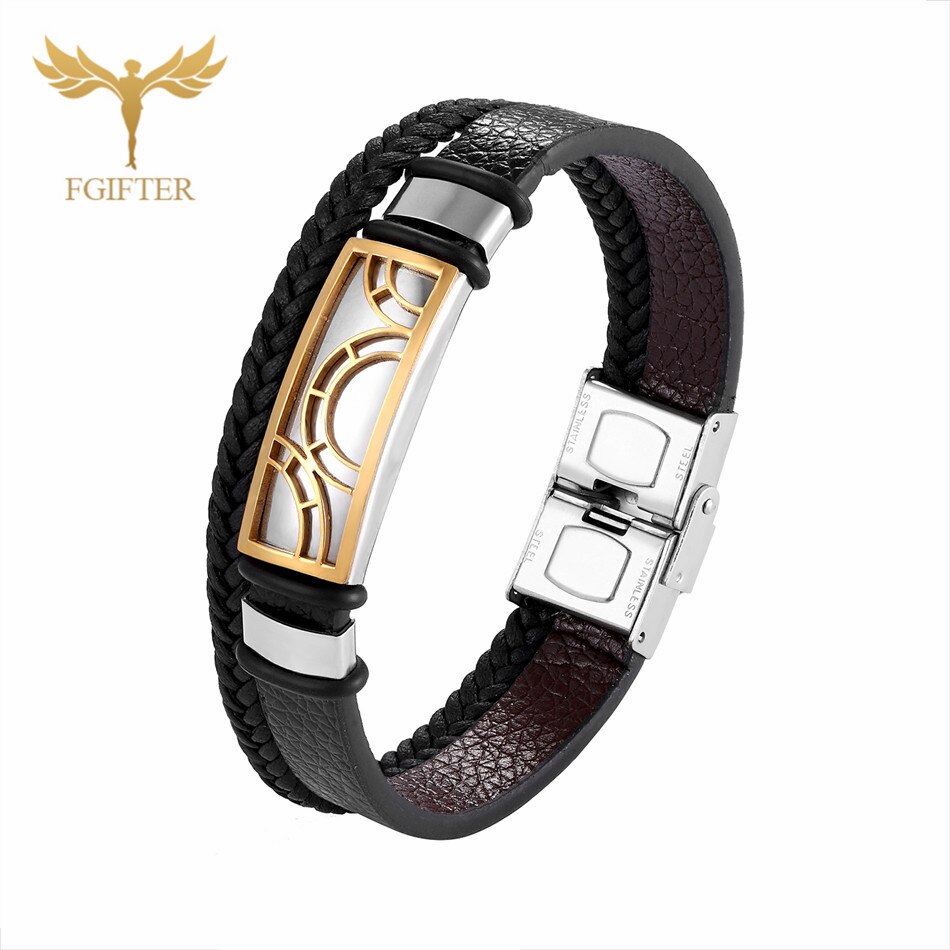 Double Layers Black Leather Bracelets for Women Men Steel Cuff Bangle Male Bracelets Jewelry Accessories: Gold Bracelet / 17cm