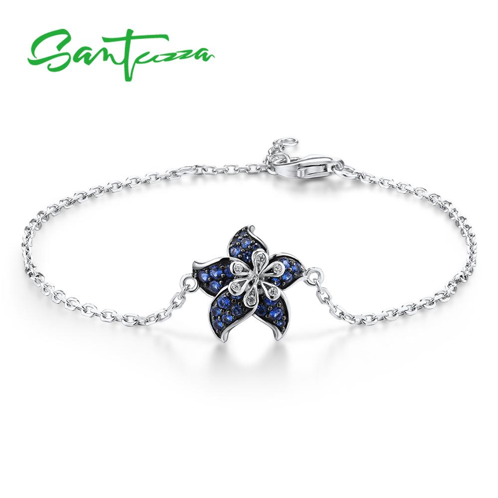 SANTUZZA Silver Bracelet For Women Authentic 925 Sterling Silver Delicate Dainty Blue Star Flower Adjustable Fine Jewelry