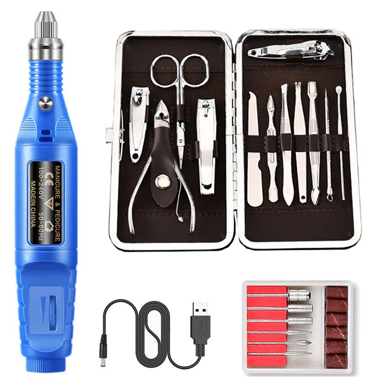 26 pièces pédicure/manucure ensemble coupe-ongles électrique nettoyant cuticule toilettage ongles polisseur perceuse Machine USB manucure outils ensemble: 04