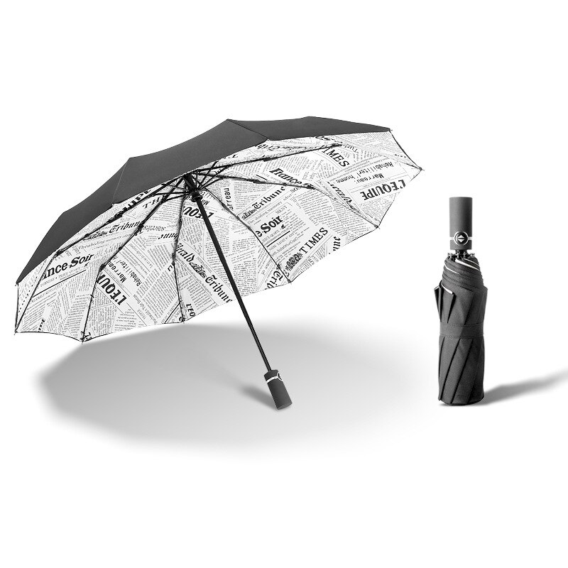 Two-layer Rain Umbrellas Men Women Automatic 3 Fold Windproof 10 Ribs Large Parasol Female Sunny Rainy Solid Color Umbrella: Newspaper