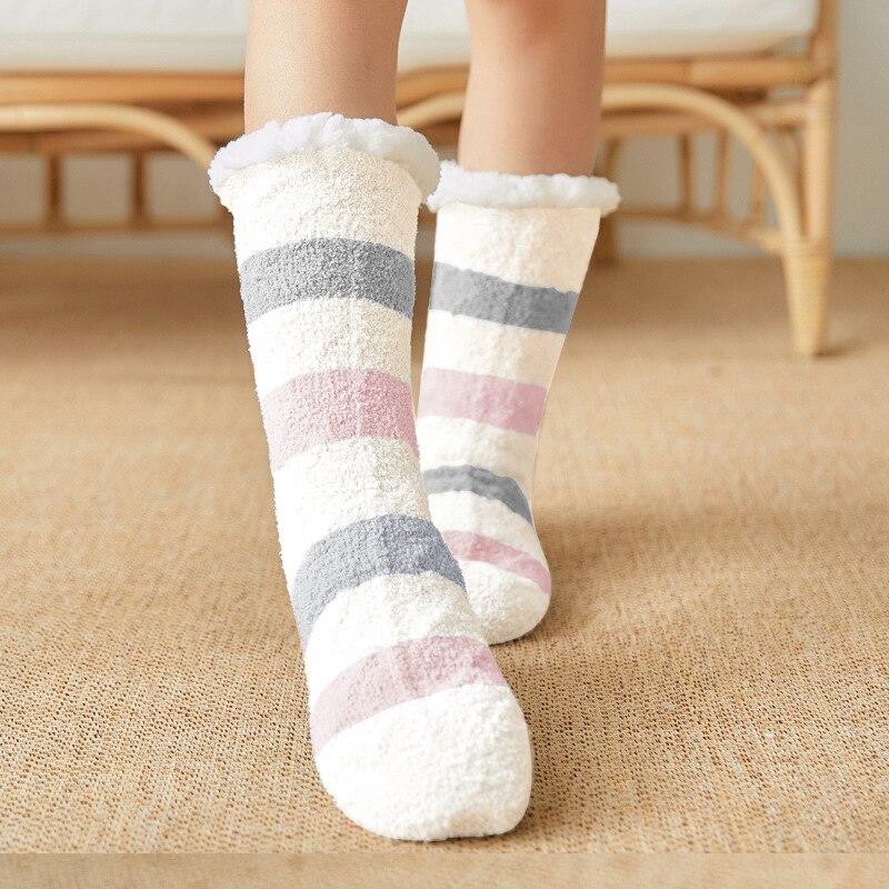 Dames zoete pantoffels sokken antislip print streep winter warme polyester huissokken dames zachte thermische vloer badstof sokken: Beige