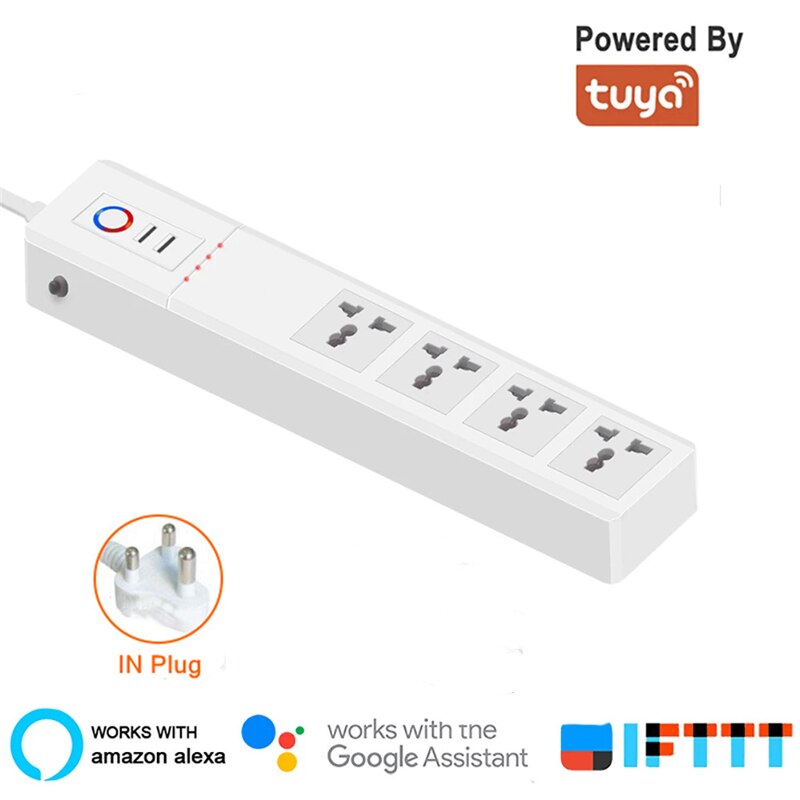 India WiFi Smart Power Strip 10A/16A Universal Outlets with USB Plug Sockets Remote Voice Control Independently by Tuya: IN Plug / 16A