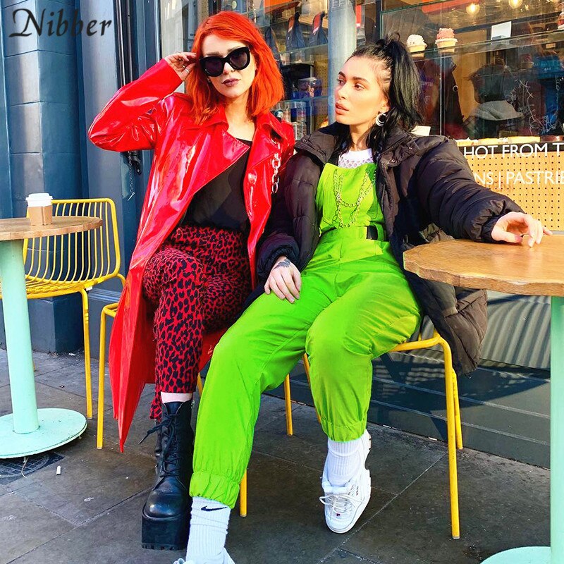Nibber Fluorescent green Bib pants women's Street black casual pants playsuits 2019spring ladies Solid Full jumpsuits