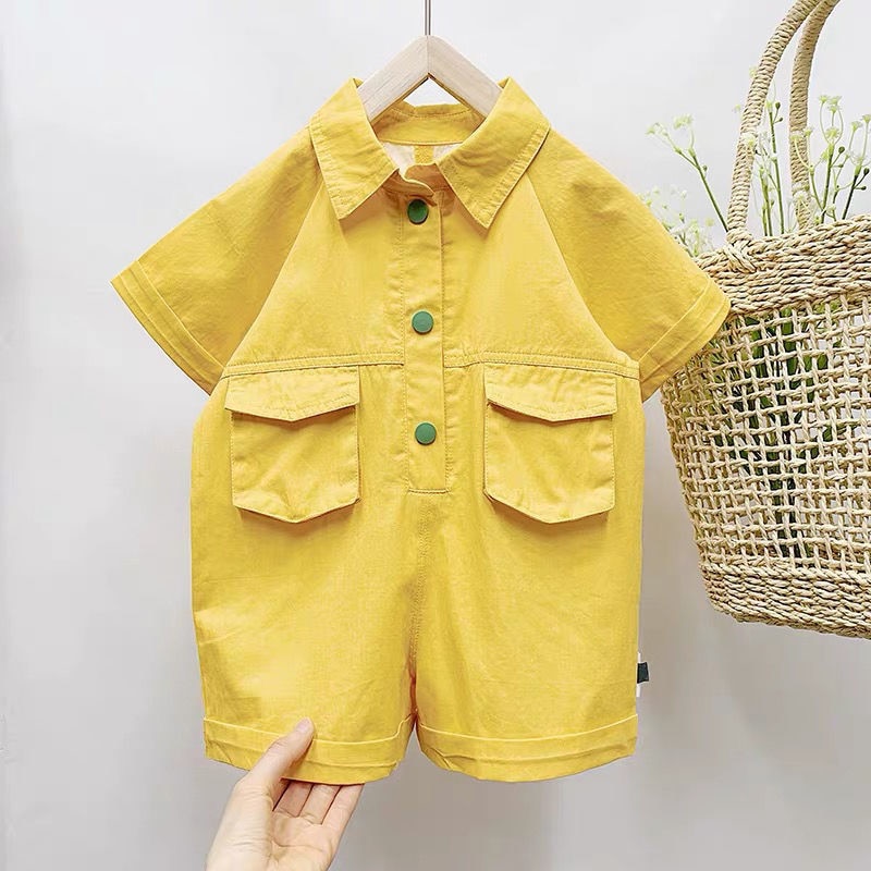 Summer Korean Style Baby Girls Jumpsuits Short Sleeve Pure Color Unisex Children Overalls Kids One-piece Pant