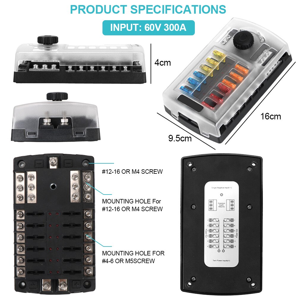 Fuse Box Holder Plastic Cover 60V 300A 6 Ways 12 Ways Blade Fuse Block Block & Warning Indicator For Auto Car Marine Trike