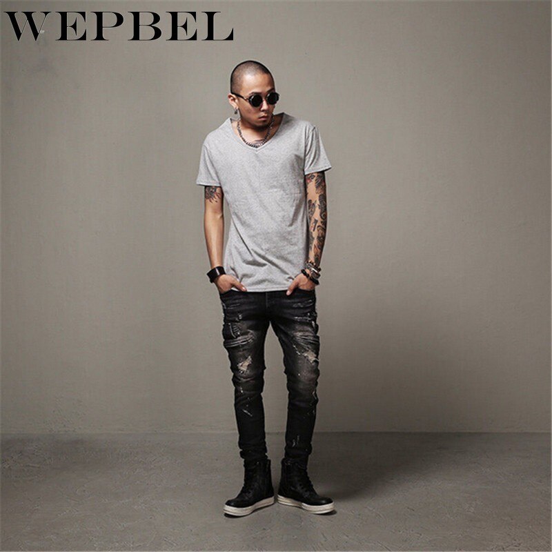 WEPBEL Hip Hop Rock Moto Jeans Mens Distressed Ripped Punk Skinny Stretch Denim Biker Jeans Male Straight Black Pants Plus Size