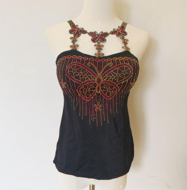 butterfly Women Camis Sexy Femme Padded Camisole Lady Rhainstones Gemstones Tanks Padded Tank Tops: M / black