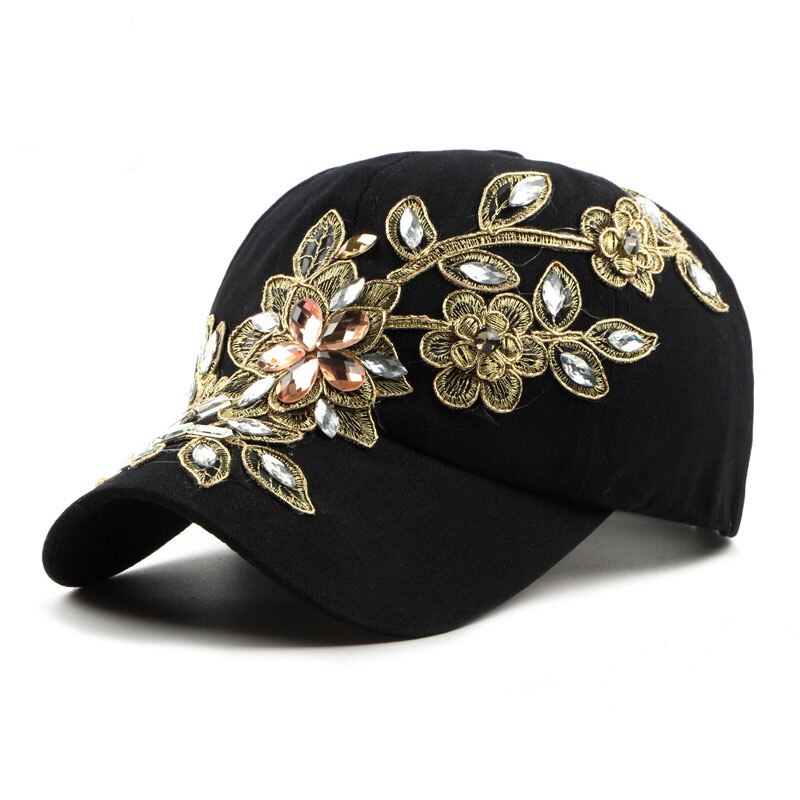 Denim rhinestone kvinders baseball cap vintage luksus blomstermønster gorras kvindelig glas diamant hat: Sort