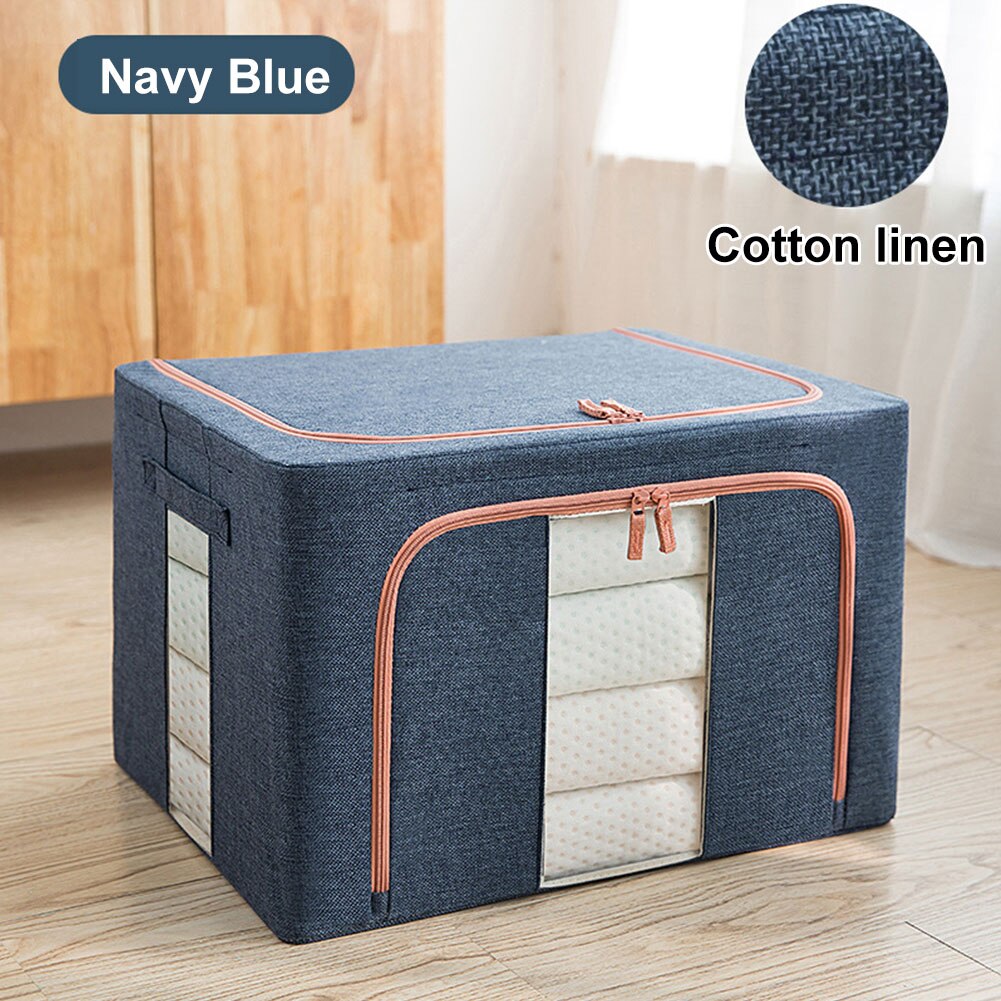 Sweater Home Zipper Space Saving Folding Steel Framework Organizer Large Capacity Clothes Storage Box With Transparent Window: Navy Blue
