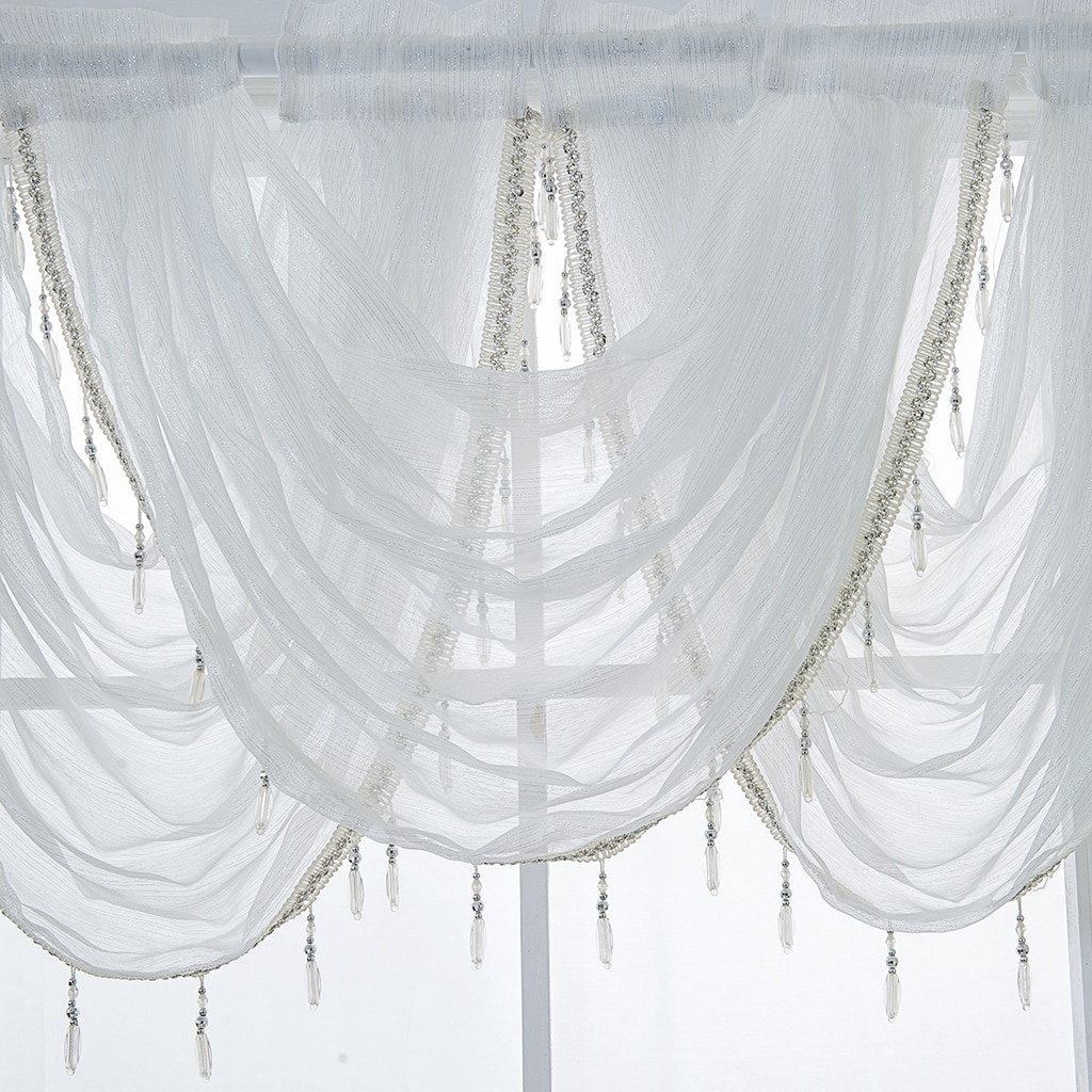 Cortinas de globo con cenefa blanca con flecos de brillo de Línea Plateada para decoración de ventanas, decoración para el hogar y la habitación, adorno para tienda