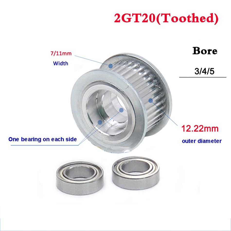 2GT 20 dientes rueda síncrona polea diámetro 3mm 4mm 5mm con rodamiento lateral doble para GT2 ancho de la correa de distribución 7mm 11mm