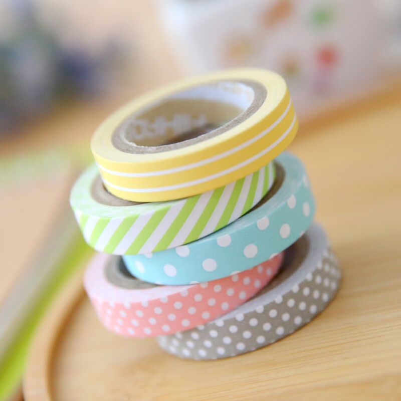 5 Stks/partij Candy Kleur Gestreepte Stippen Masking Washi Tape Set Decoratieve Scotch Tape Papelaria Label