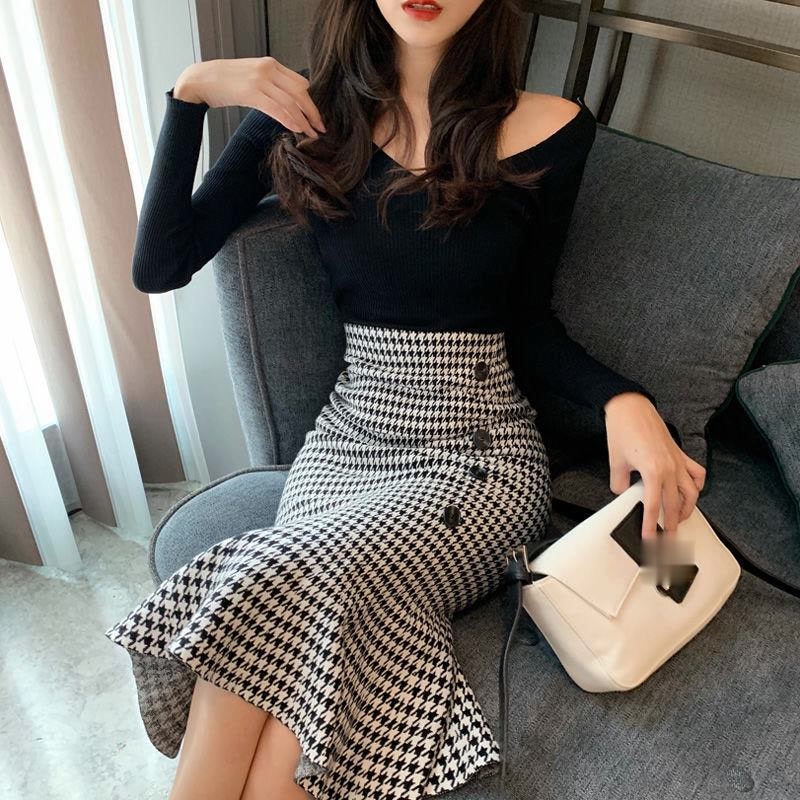 Femmes automne pied-de-poule doux trompette jupe femme Vintage longue sirène jupes été jupe fée dame mi mollet jupe