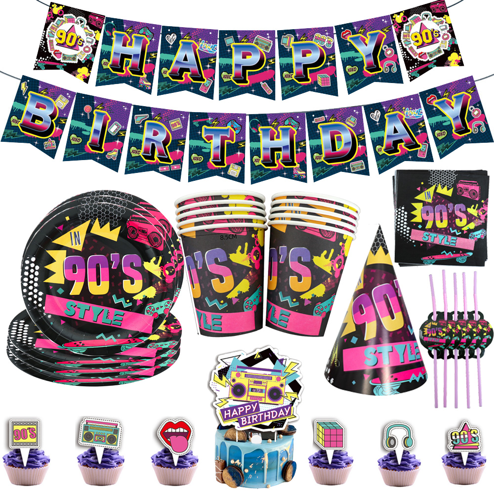 Suministros para fiestas de los 90, platos de papel, servilletas, vasos, cubiertos de plástico, decoraciones de mesa para fiestas temáticas de los años 90, mujeres, hombres y amigos, cumpleaños, 90