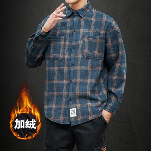 Camisas de forro polar cálidas para hombre, camisas de manga larga masculinas informales a cuadros de estilo japonés nuevos de invierno, 4xl 5XL talla grande,: L