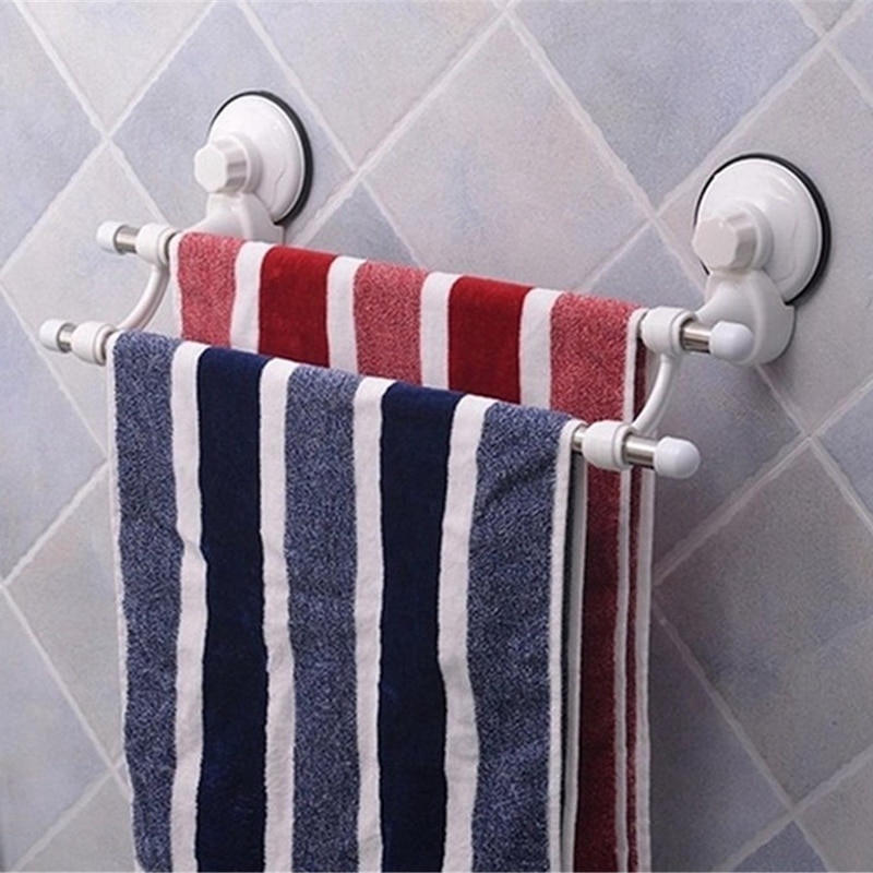 18.5 Inch Double Bars Suction Cup Towel Rail Holder Storage Racks Wall Mounted ABS Bathroom Organizer Kitchen Hotel