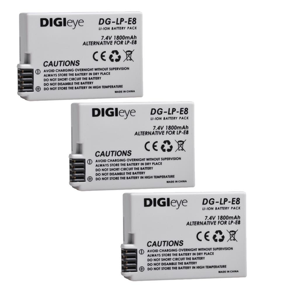 2 st 1800 mah lp -e8 lpe 8 lp e8 batteri för canon rebel  t3i t2i t4i t5i eos 600d 550d 650d 700d kiss  x5 x4 x6 kameror: 3 batterier