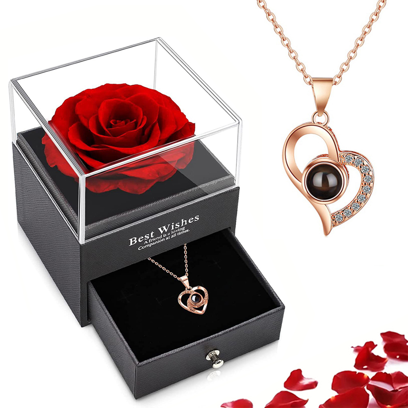 Conjunto de colar de projeção com caixa de presente rosa 100 idiomas eu te amo coração pingente jóias 2024 para presentes namorada dropshipping