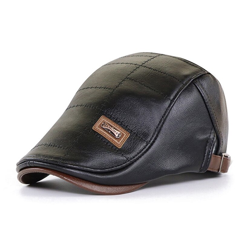 Boina plana de cuero para hombre, gorro cálido, ajustable, Retro, , Otoño e Invierno