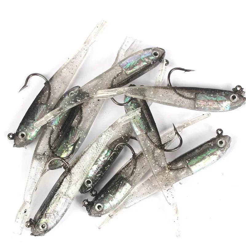 Señuelo suave de 5 uds., 7cm/6g, cola dividida, cebos de natación con anzuelos, cebo de pesca Artificial de silicona para agua salada
