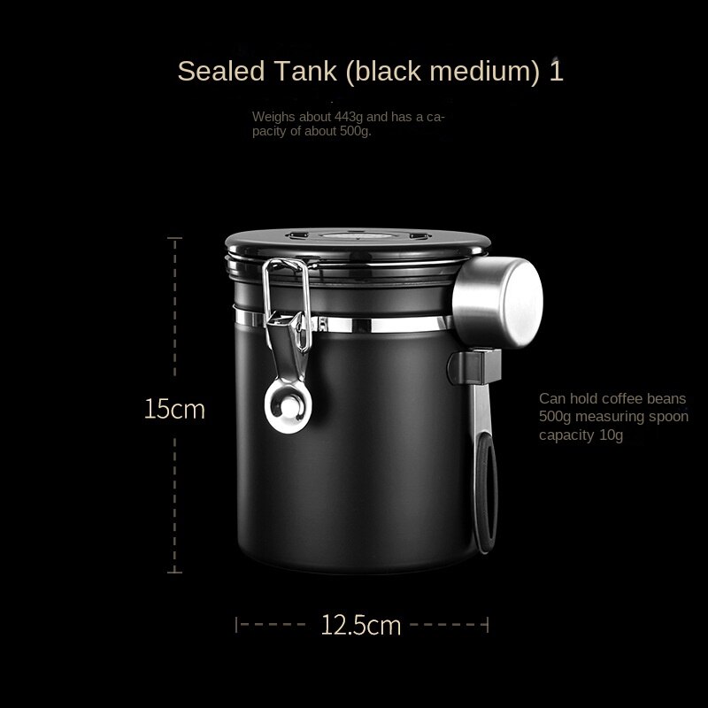 Vacuum Unidirectional Exhaust Coffee Bean Container with Spoon Airtight Jar Stainless Steel Canister Food Storage Containers: 1500ml black