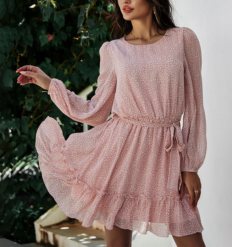 Kvinnor sommar o-ringad chiffongklänningar kvinnliga långärmade klänningar sexiga korta klänningar a-linjeformade festklänningar blommiga vestidos: S / Rosa
