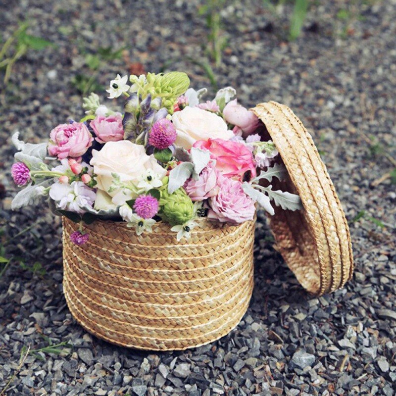 Handmade Straw Woven Storage Basket With Lid Desktop Snack Organizer Sundries Storage Box Laundry Baskets Rattan Flower Basket