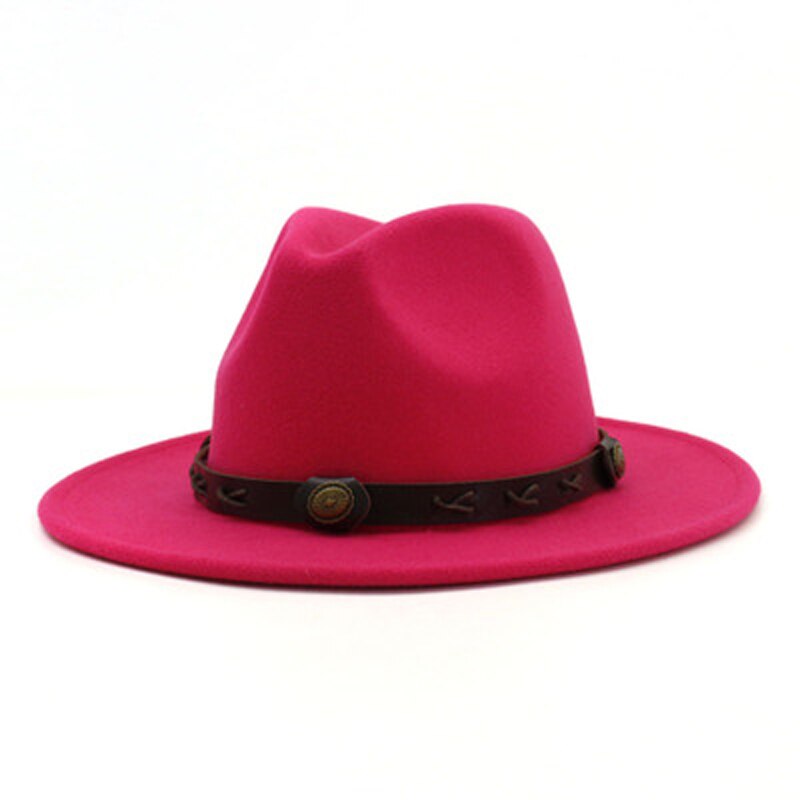 QBHAT uomo donna cappelli Fedora Jazz in feltro di lana tinta unita con cinturino in pelle marrone cappello da Cowboy a tesa larga cappello verde Trilby Panama per la festa: rose red
