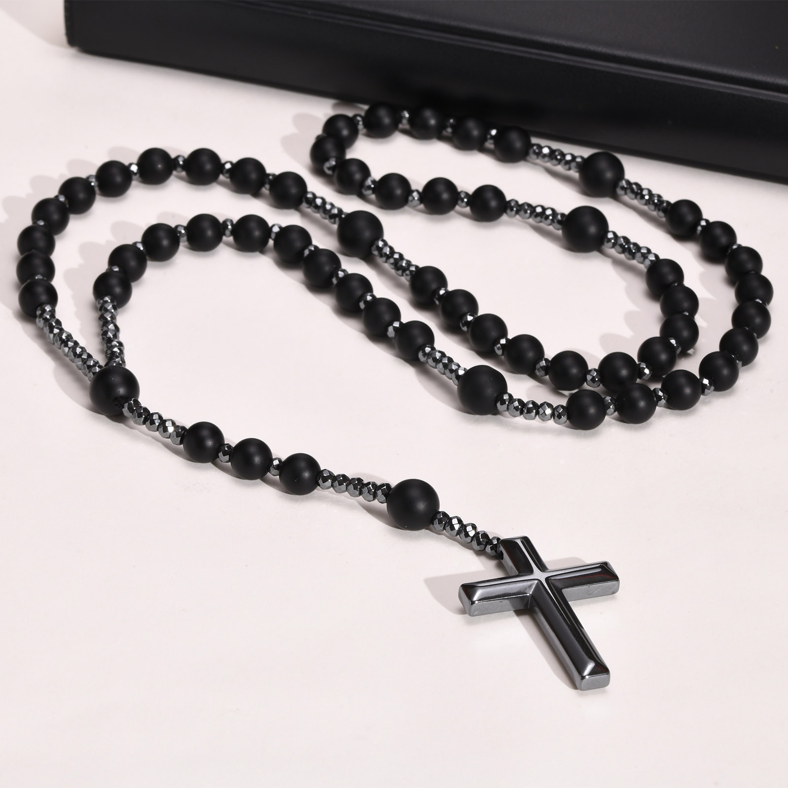Zwarte Kralen Kruis Rozenkrans Kettingen Voor Mannen, Mannelijke Power Balance Hematiet Ketting, Religieuze Faith Gebed Sieraden