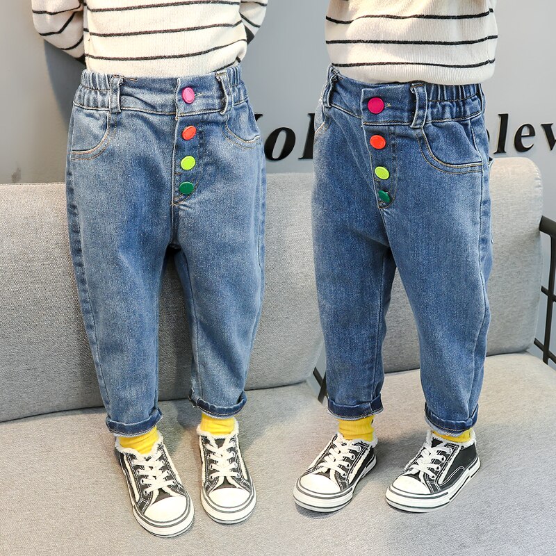 Calça jeans infantil arco-íris para meninos e meninas, calça casual com botões para meninas de 2, 4, 5, 6, 7, 8 anos, roupa esportiva, primavera e outono 2020
