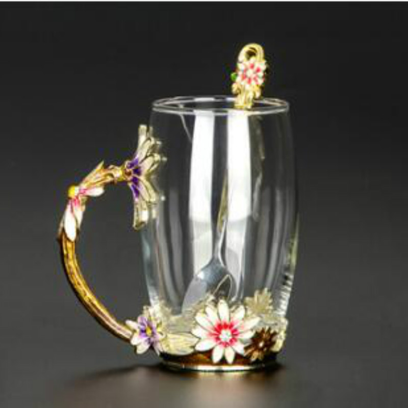 Luksus emalje kaffekop krus blomst te glas kopper til og kolde drikke te kop ske sæt perfekt bryllup wjb 41614: B2