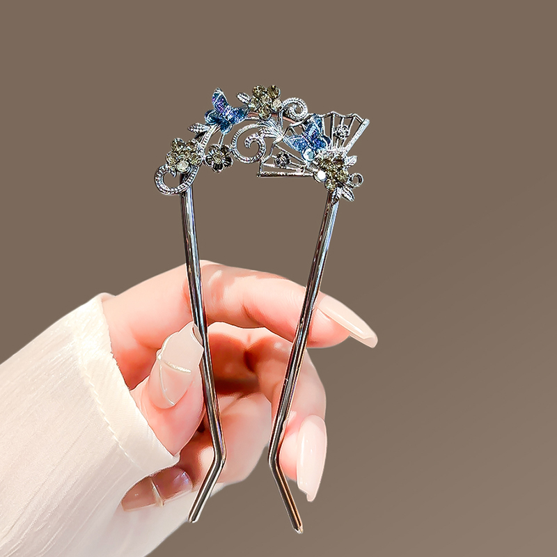 Nueva horquilla en forma de U con abanico de mariposa para mujer, broche para el cabello de alta gama en la parte posterior de la cabeza, palitos para el cabello simples y modernos: Default Title