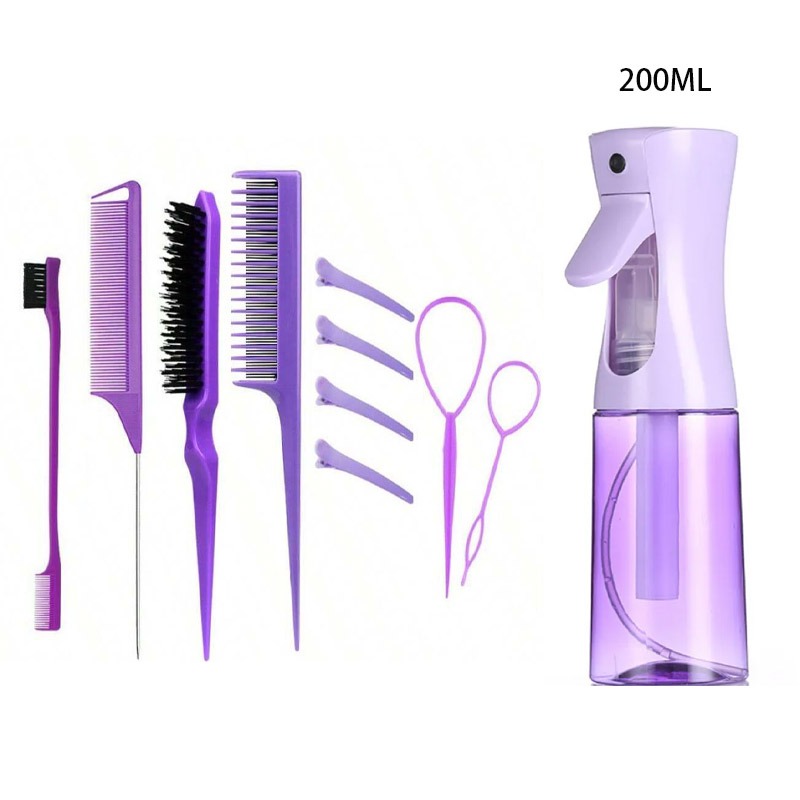 11pcs/Set Hair Brush Set Hairdressing Spray Bottle Hair Braiding Loop Rat Tail Comb Teasing Hair Brsuh Edge Control Styling Set: black