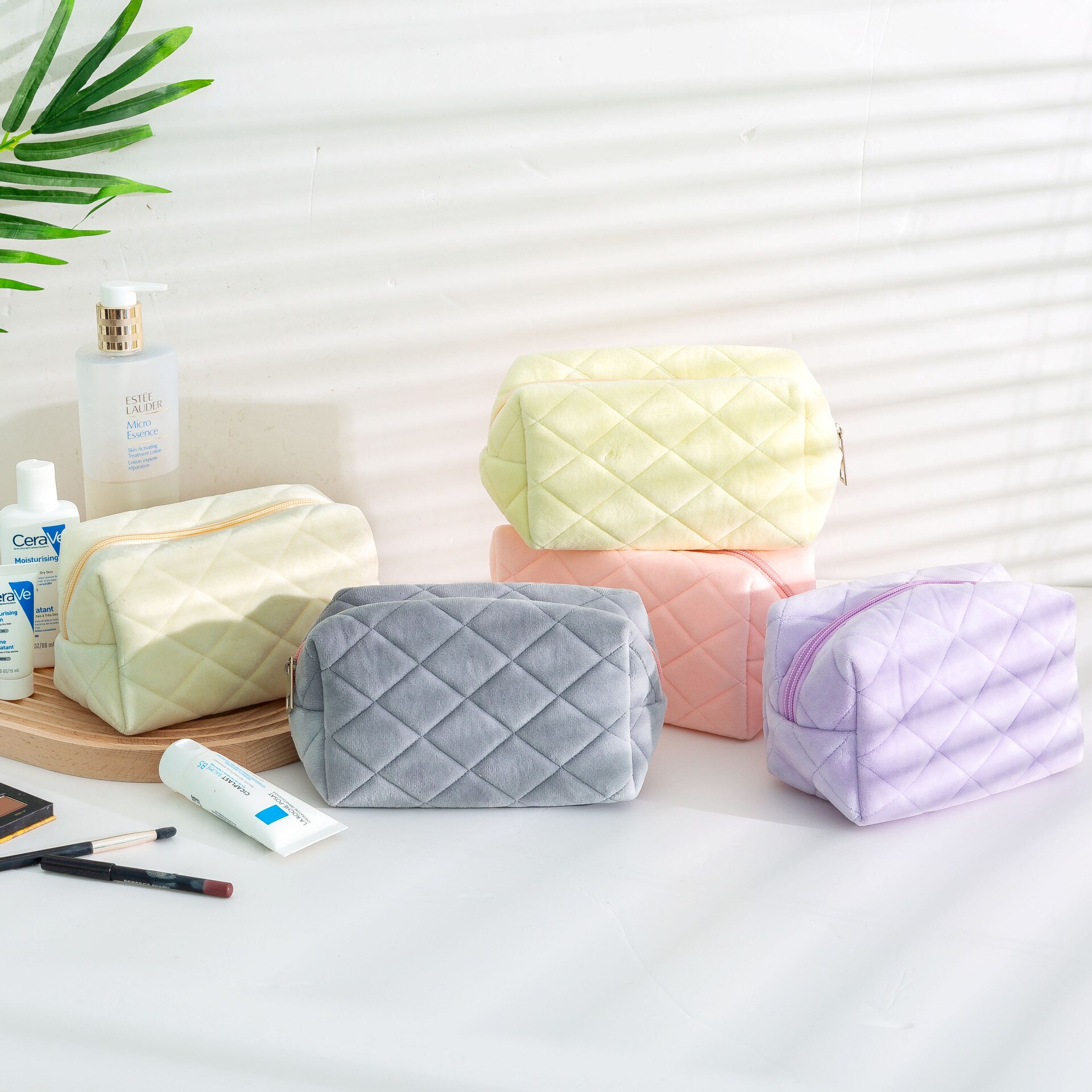 Custodia cosmetica in velluto borsa per cuscino morbida di grande capacità borsa per custodia portatile per ragazze custodia per matita per studenti griglia per cancelleria