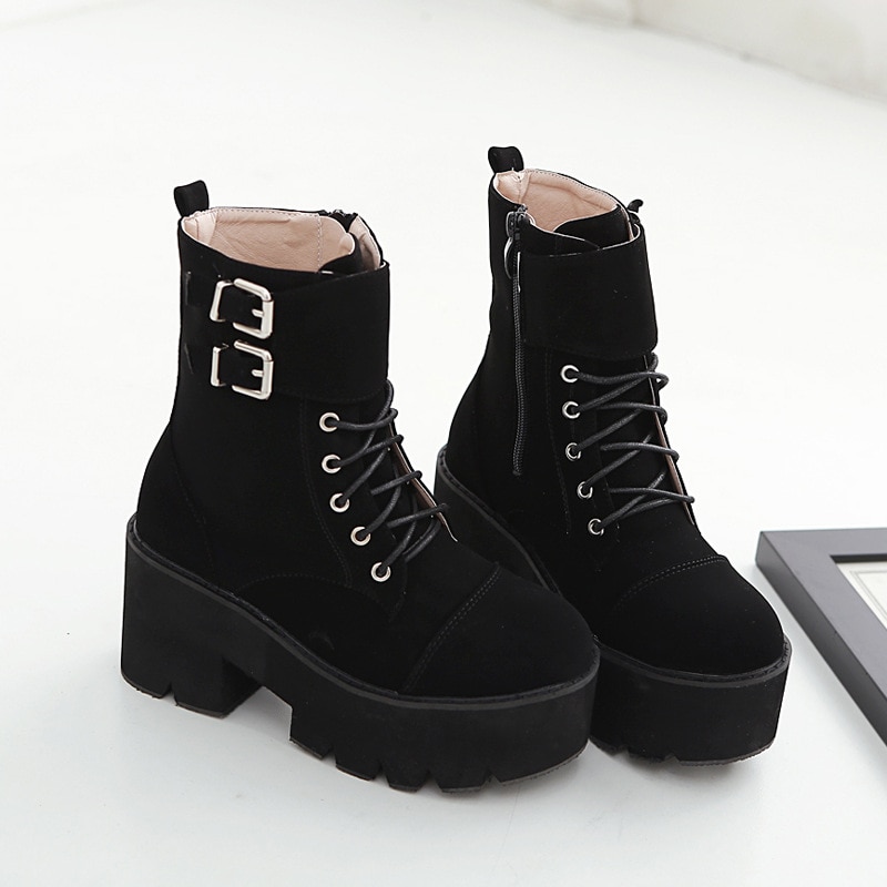 LEOPARD LAND Boots Mid Calf Boot Black Women Shoes Round Toe Zipper Boots Buckle Shoes Women DF-jhm3348-7