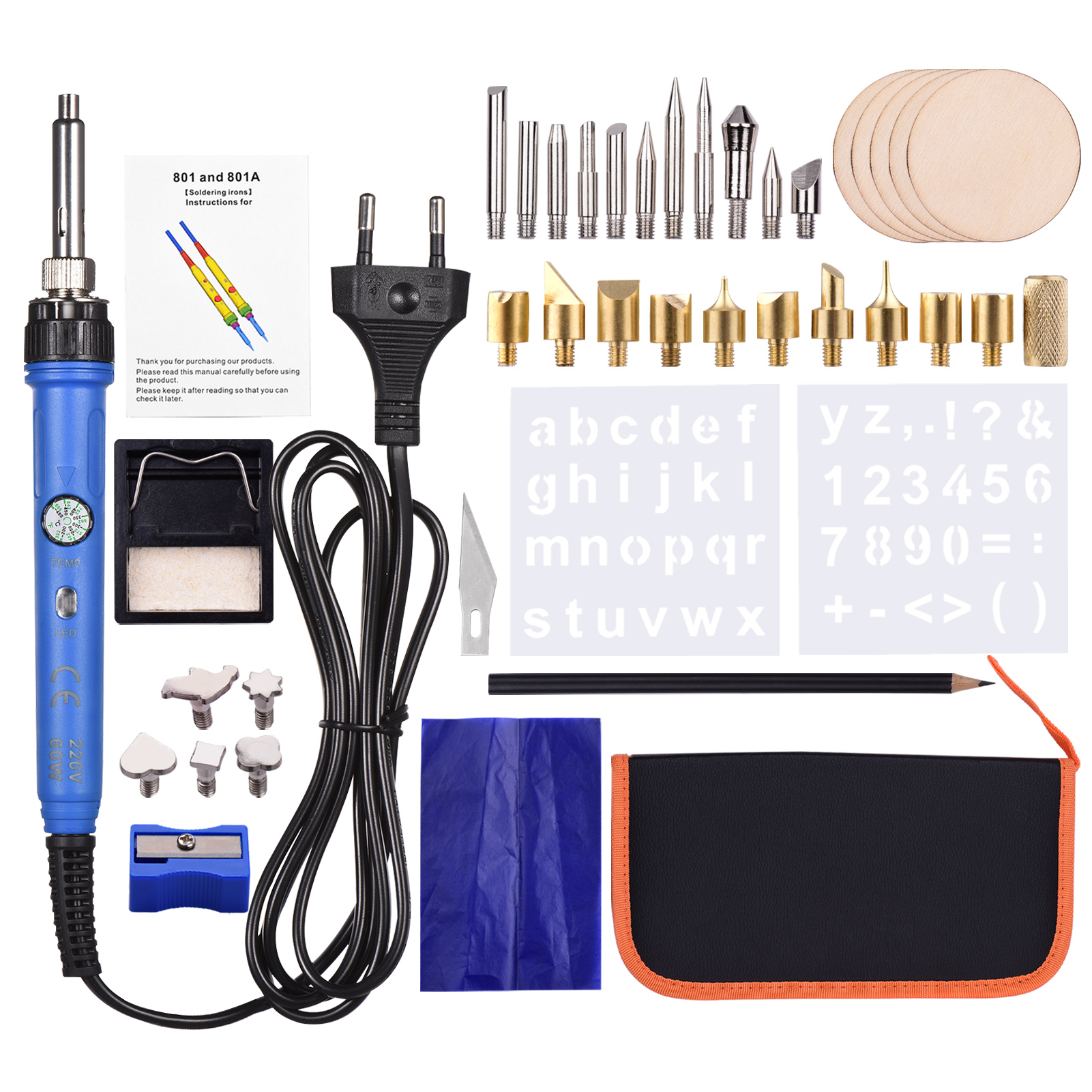 45Pcs Hout Brandende Tool Kit Pyrography Pen Verstelbare Temperatuur 150-450 ℃ Voor Hout Brandende Carving Embossing solderen: 45pcs EU