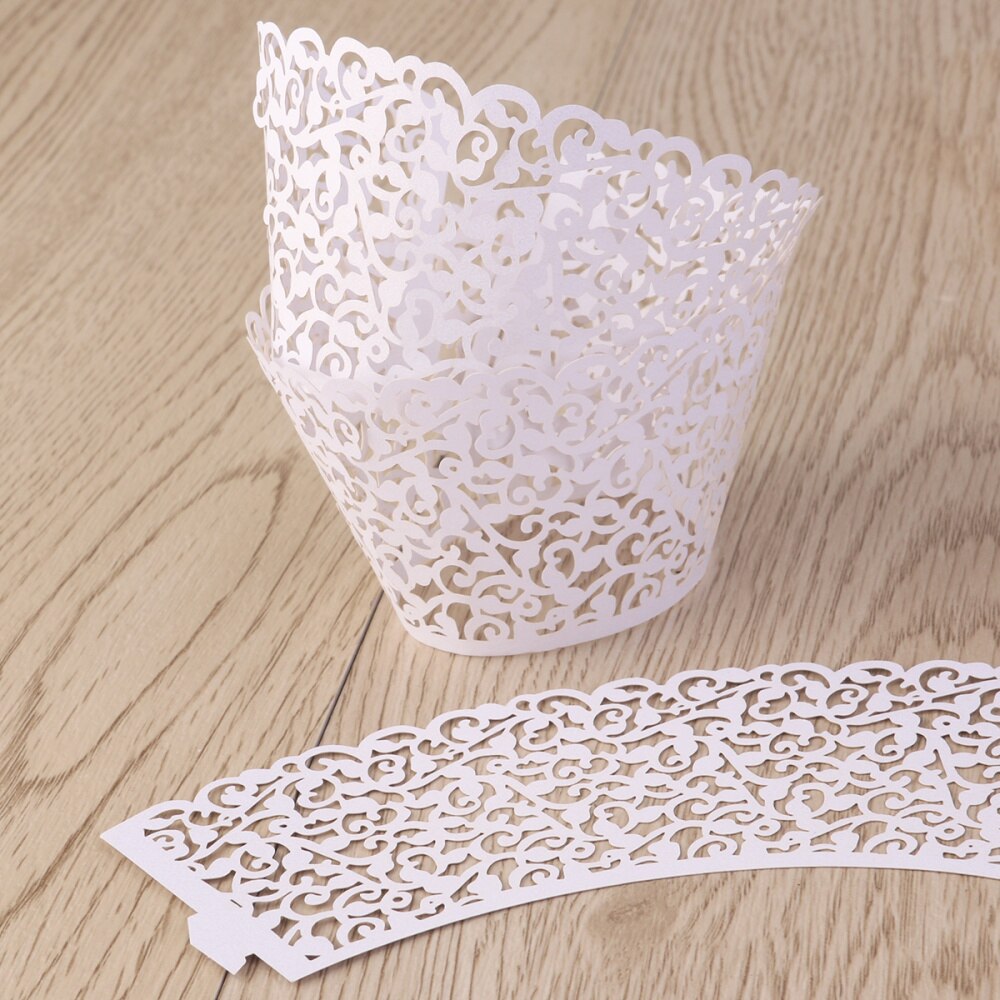 50pcs Vine Filigree Lace Cupcake Wrapper Wraps Liner Wedding Party Cake Decoartion (White)