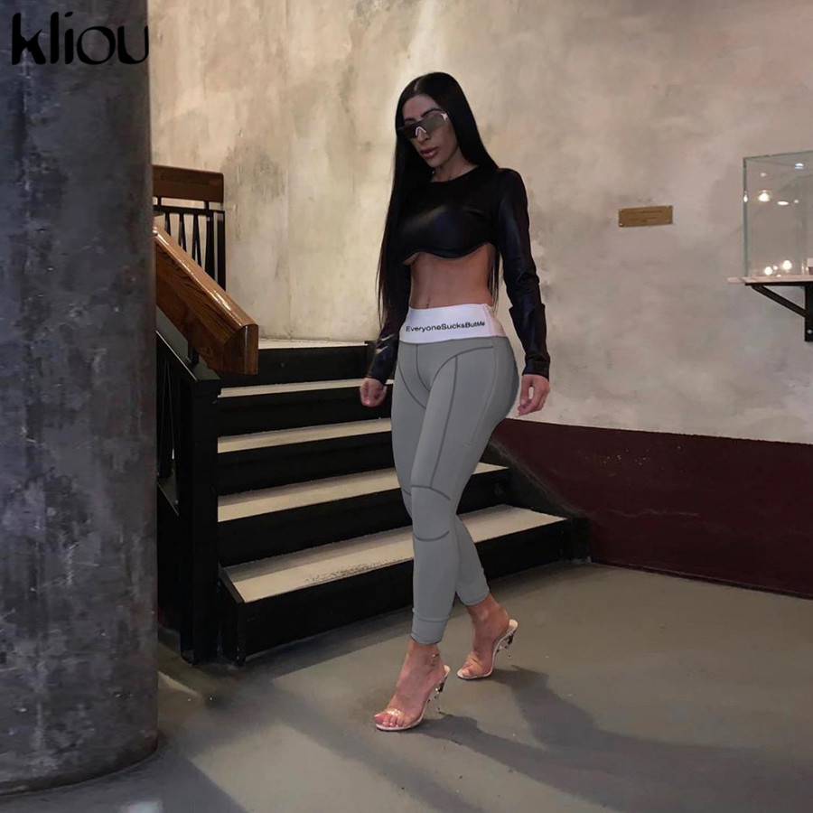 Kliou high waist letters print fitness legging herfst winter dames patchwork gestreepte streetwear sportieve slanke broek