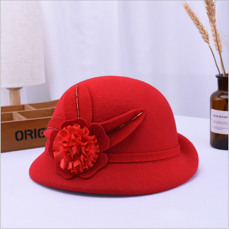 Mother Lady Autumn And Winter Woolen Curling Hats Woman Party Formal Top Grade 100% Wool Felt Hat Bucket Cap