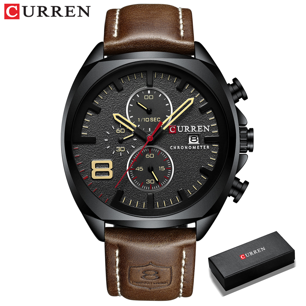 Curren Mannen Kijken Topmerk Luxe Chronograaf Horloges Lederen Waterdichte Sport Kalender Horloge Relogio Masculino: black yellow box