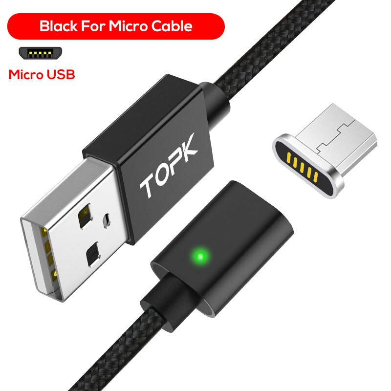 TOPK 1M 2M 2.4A Magnetische Mikro USB Kabel, aufgerüeingestellt Nylon Geflochtene LED-anzeige USB Ladekabel für Mikro USB Handys Für Samsung: Schwarz / 1M