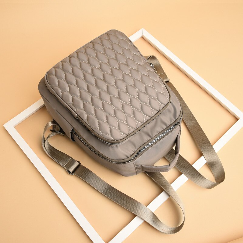 Sewing Thread Women Backpack Diamond Lattice Oxford School Book Bag for Teenage Girl Casual Female Backbag Black Lady Traval Bag: KHAKI