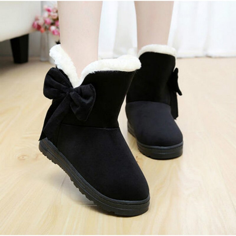 femmes bottes de neige hiver fourrure bottines femme noeud papillon plus en peluche daim caoutchouc plat sans lacet plate-forme dames chaussures