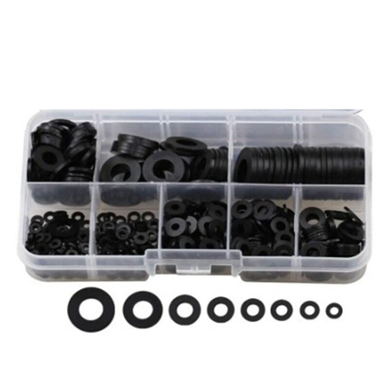 Arandelas planas de nailon 550 Uds para tornillos arandelas redondas variadas Kit de clasificación de tamaño múltiple: Black
