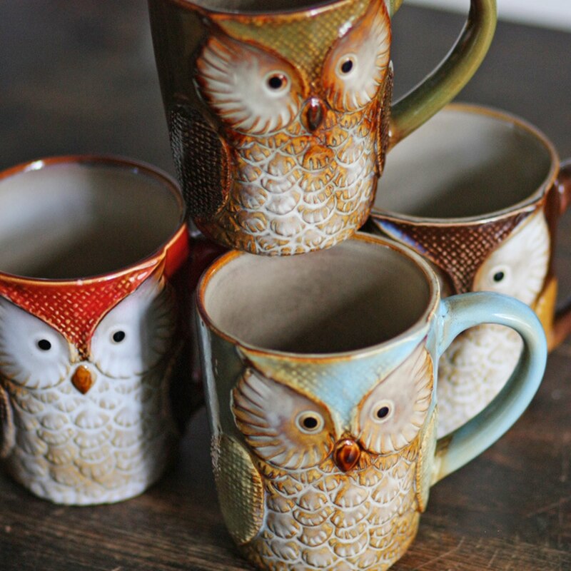 Owl Ceramic Coffe Cup Pottery Milk Coffee Cups Xmas Collection High-temperature Color Ceramic Art Ornaments