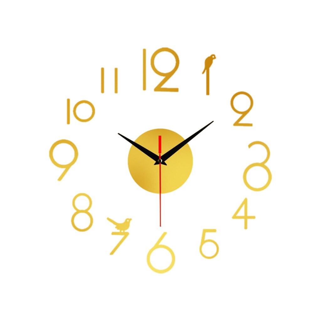 25# Frameless DIY Wall Mute Clock 3D Mirror Surface Sticker Home Office Decor 12-hour Display Wall Clock With Time Mark: Gold 