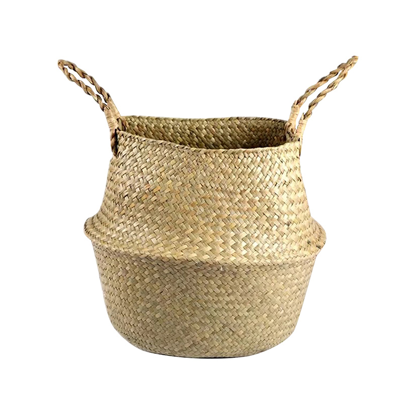 Handmade Woven Storage Basket Folding Clthoes Laundry Basket Straw Wicker Rattan Seagrass Belly Garden Flower Pot Plant Basket: 32x28cm P