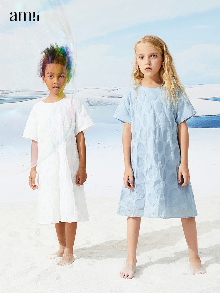 Amii Kids Dress for Girls 2022 Summer O Neck Solid Knee Length Loose A Line Children Casual Dresses Clothes 22180007